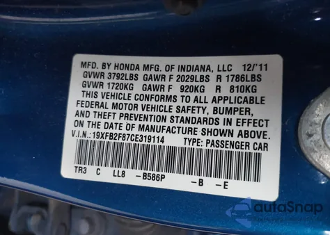 2012 Honda Civic Ex from USA, damaged, VIN 19XFB2F87CE319114